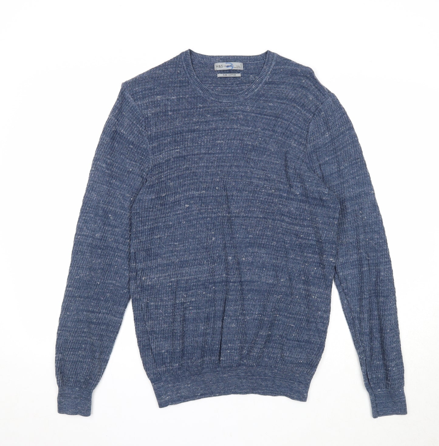 Marks and Spencer Mens Blue Round Neck Cotton Pullover Jumper Size L Long Sleeve