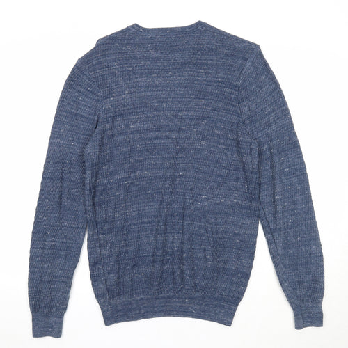 Marks and Spencer Mens Blue Round Neck Cotton Pullover Jumper Size L Long Sleeve