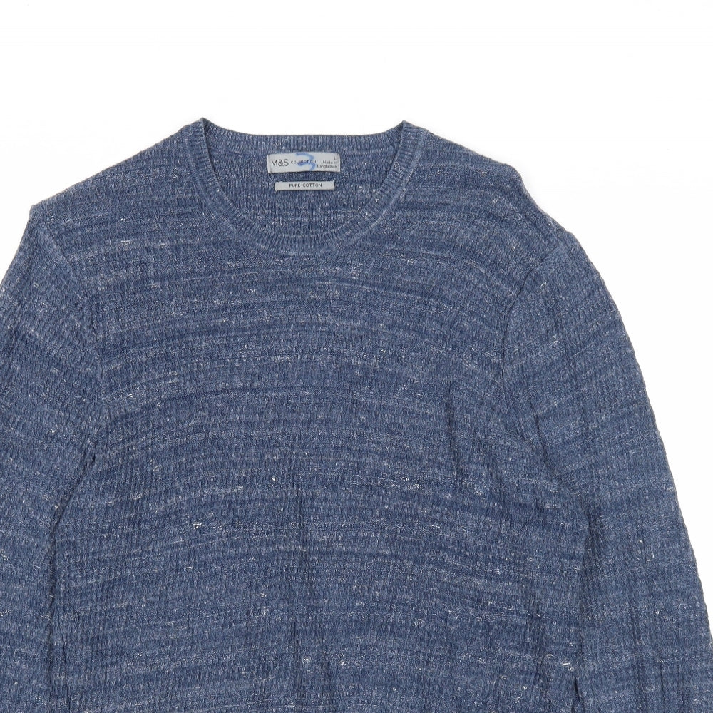 Marks and Spencer Mens Blue Round Neck Cotton Pullover Jumper Size L Long Sleeve