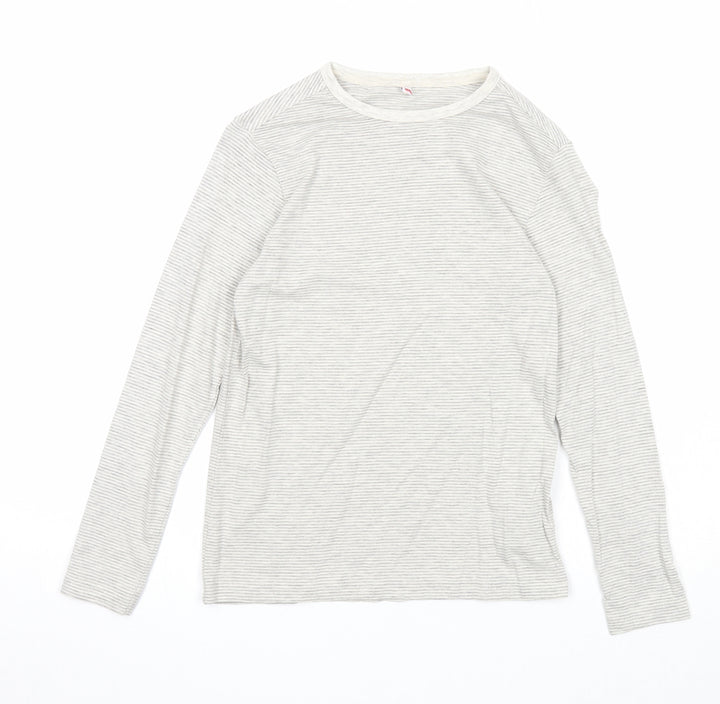 Marks and Spencer Girls Grey Striped Cotton Basic T-Shirt Size 7-8 Years Round Neck Pullover
