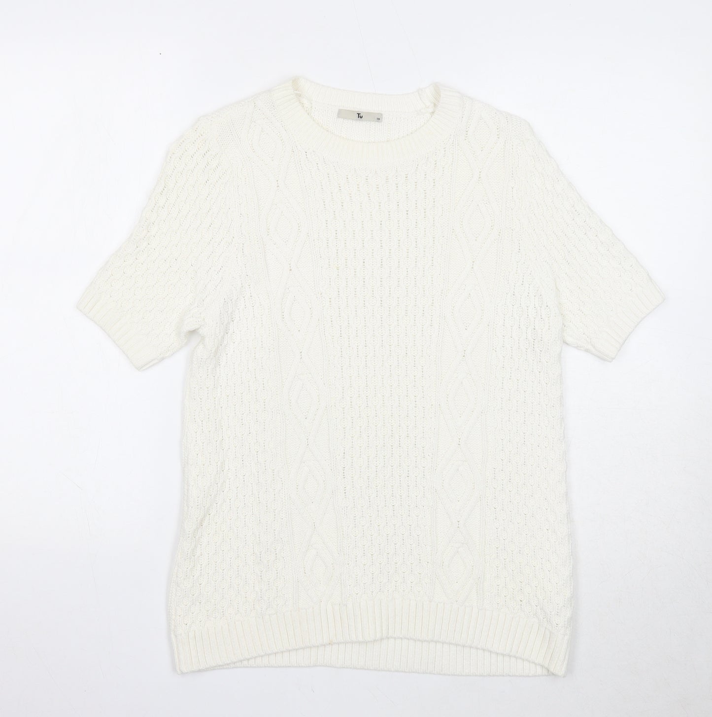 TU Womens White Round Neck Cotton Pullover Jumper Size 10