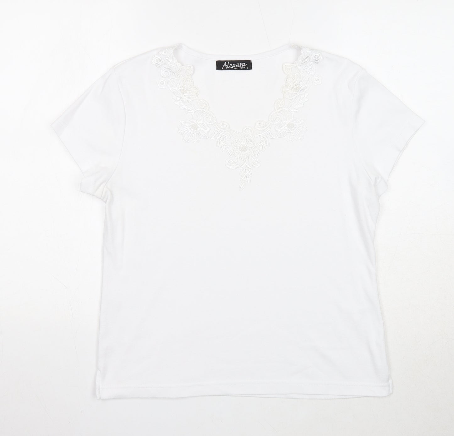 Alexara Womens White Polyester Basic T-Shirt Size L V-Neck