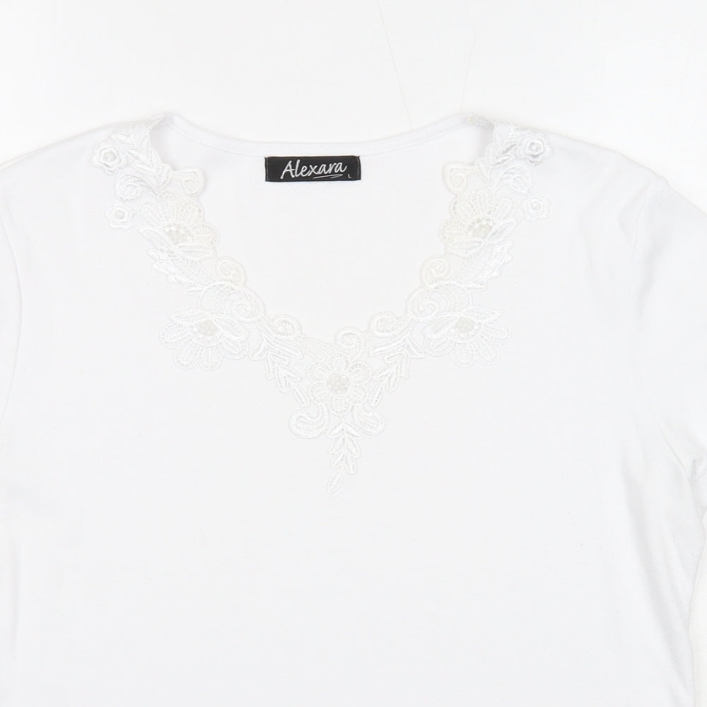 Alexara Womens White Polyester Basic T-Shirt Size L V-Neck