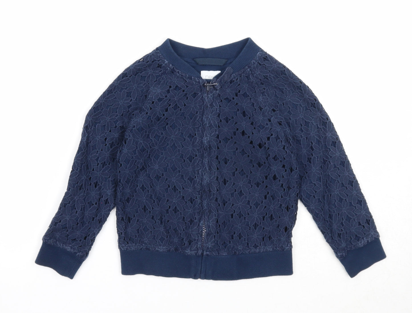 NEXT Girls Blue Geometric Bomber Jacket Jacket Size 2-3 Years Zip - Flower Details
