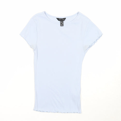 New Look Womens Blue Cotton Basic T-Shirt Size 6 Round Neck - Lettuce Hem