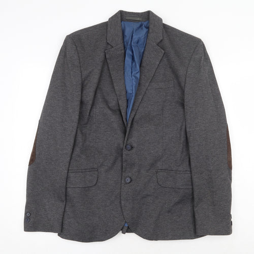 River Island Mens Grey Wool Jacket Blazer Size M Regular - Elbow Patches