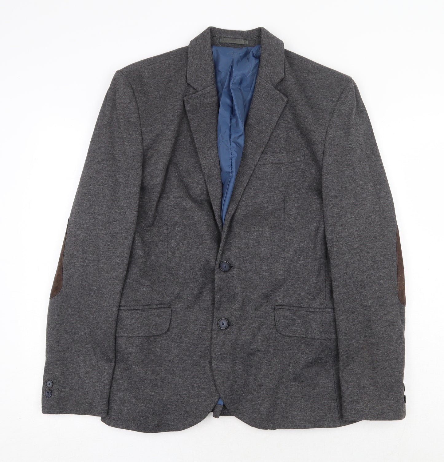 River Island Mens Grey Wool Jacket Blazer Size M Regular - Elbow Patches