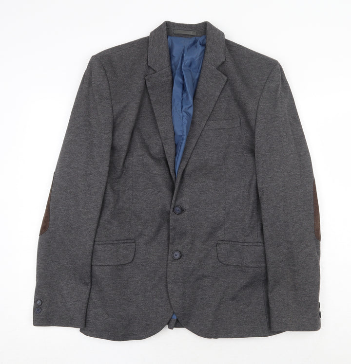 River Island Mens Grey Wool Jacket Blazer Size M Regular - Elbow Patches