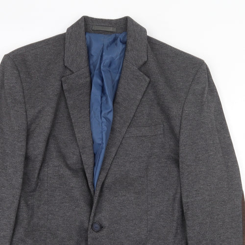 River Island Mens Grey Wool Jacket Blazer Size M Regular - Elbow Patches