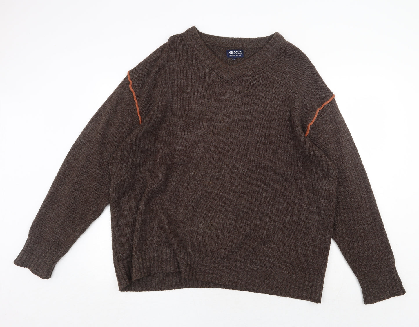 Nexus Mens Brown V-Neck Acrylic Pullover Jumper Size 2XL Long Sleeve