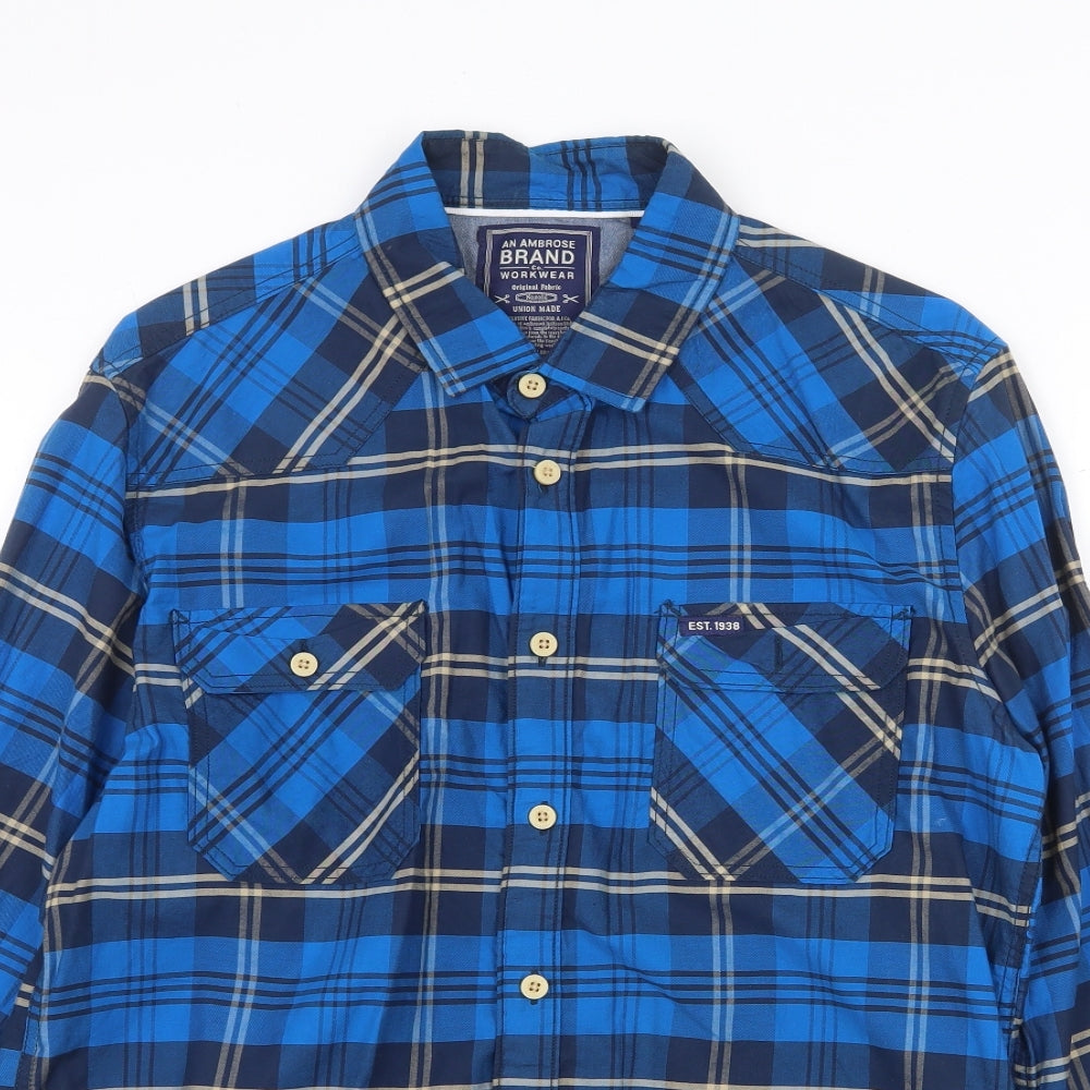 Ambrose Mens Blue Plaid Cotton Button-Up Size M Collared Button