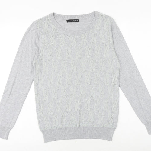 Primark Womens Grey Round Neck Viscose Pullover Jumper Size 12 - Lace Overlay