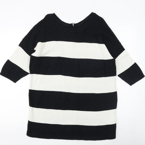 Soon Womens Black Round Neck Striped Cotton Pullover Jumper Size 14