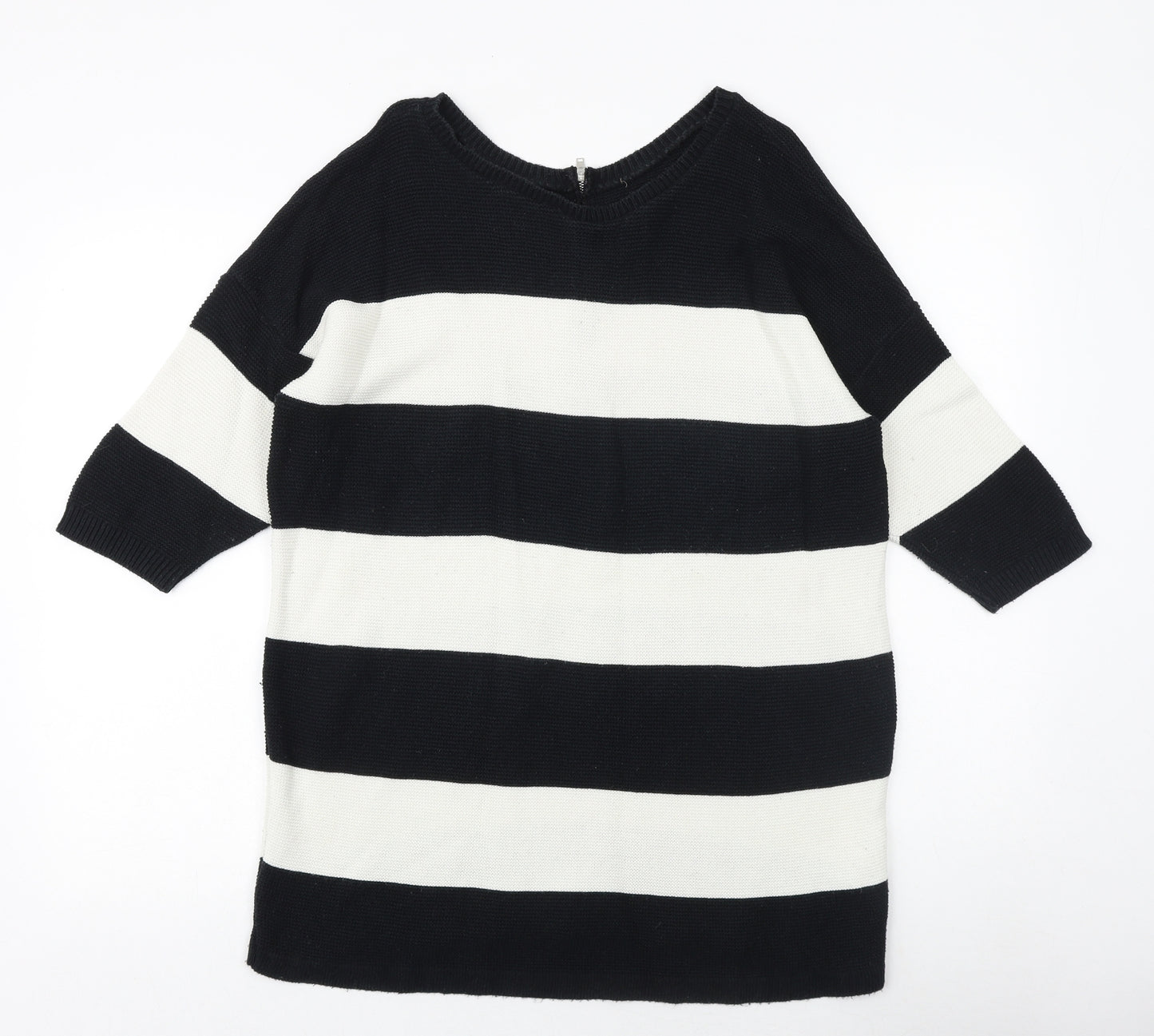 Soon Womens Black Round Neck Striped Cotton Pullover Jumper Size 14