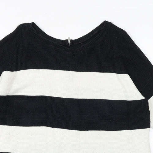 Soon Womens Black Round Neck Striped Cotton Pullover Jumper Size 14