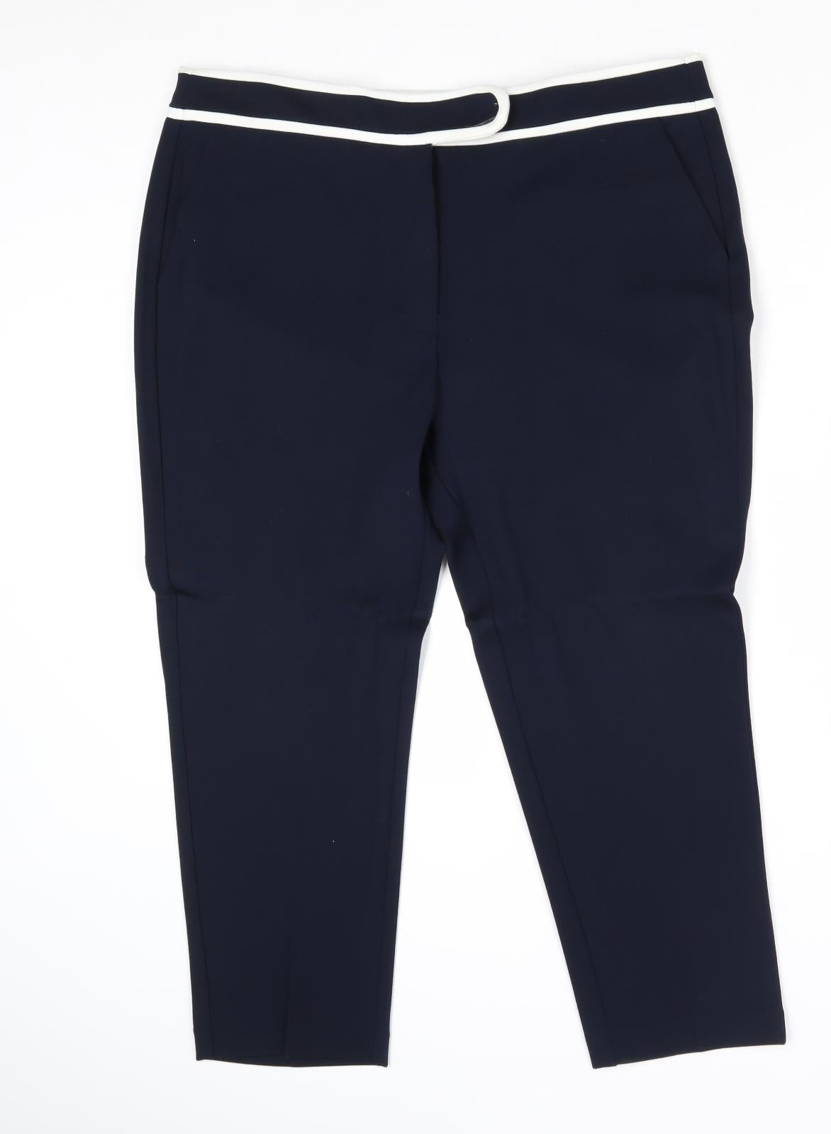 Per Una Womens Blue Viscose Chino Trousers Size 16 Regular Zip - Contrasting Trim