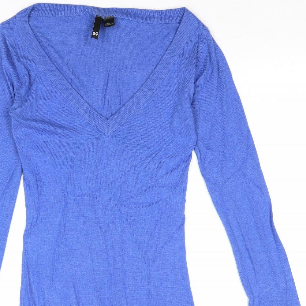 Divided by H&M Womens Blue V-Neck Viscose Pullover Jumper Size 6