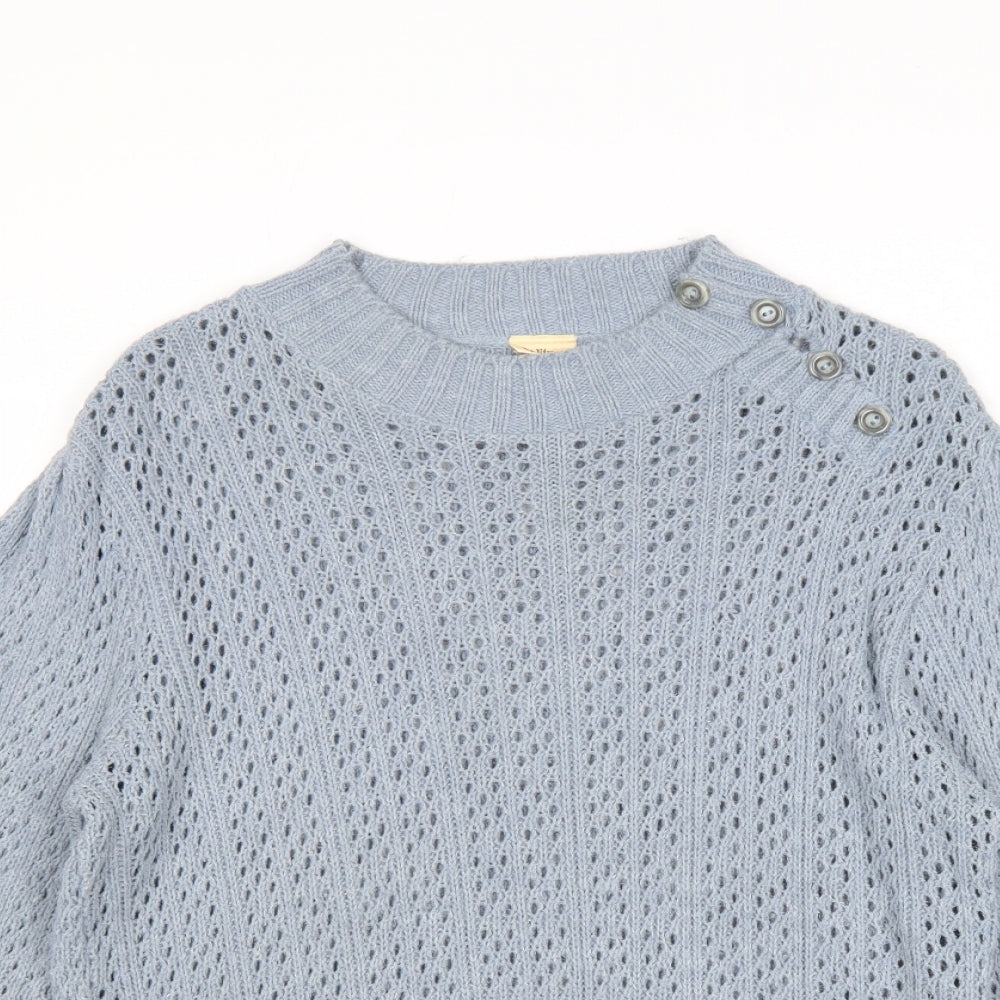 Quality Womens Blue Round Neck Geometric Acrylic Pullover Jumper Size 18