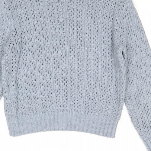 Quality Womens Blue Round Neck Geometric Acrylic Pullover Jumper Size 18