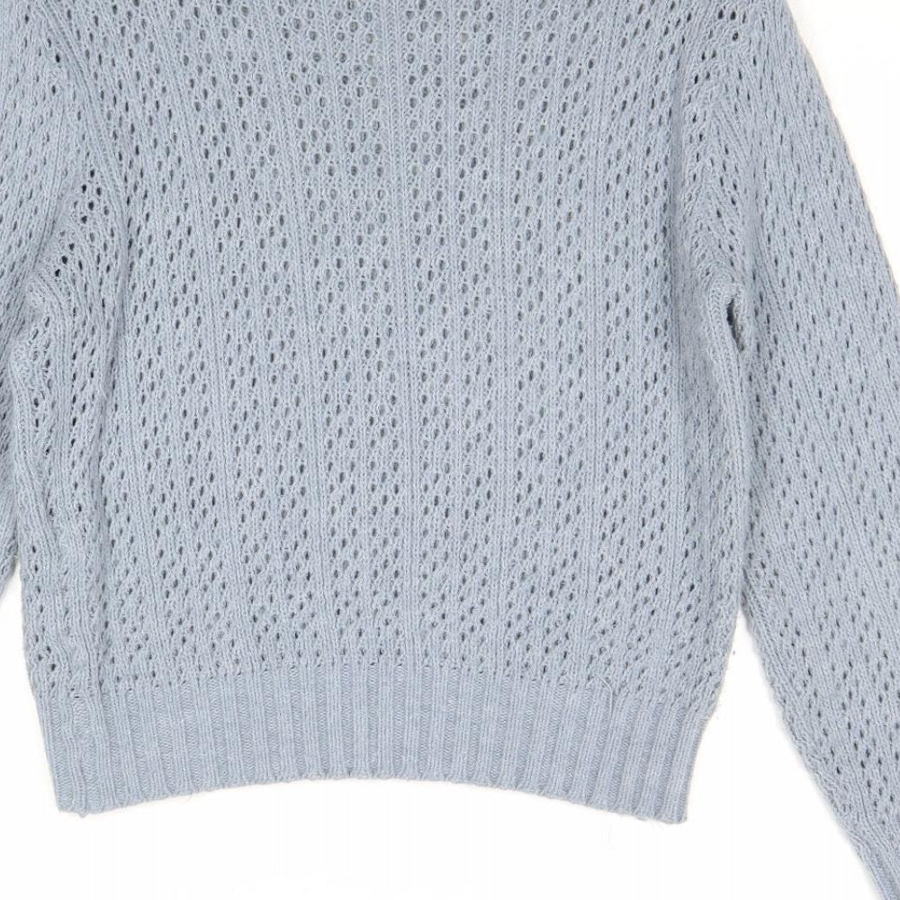 Quality Womens Blue Round Neck Geometric Acrylic Pullover Jumper Size 18