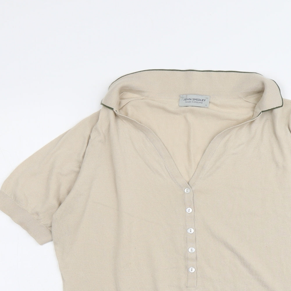 John Smedley Womens Beige Collared Cotton Pullover Jumper Size L