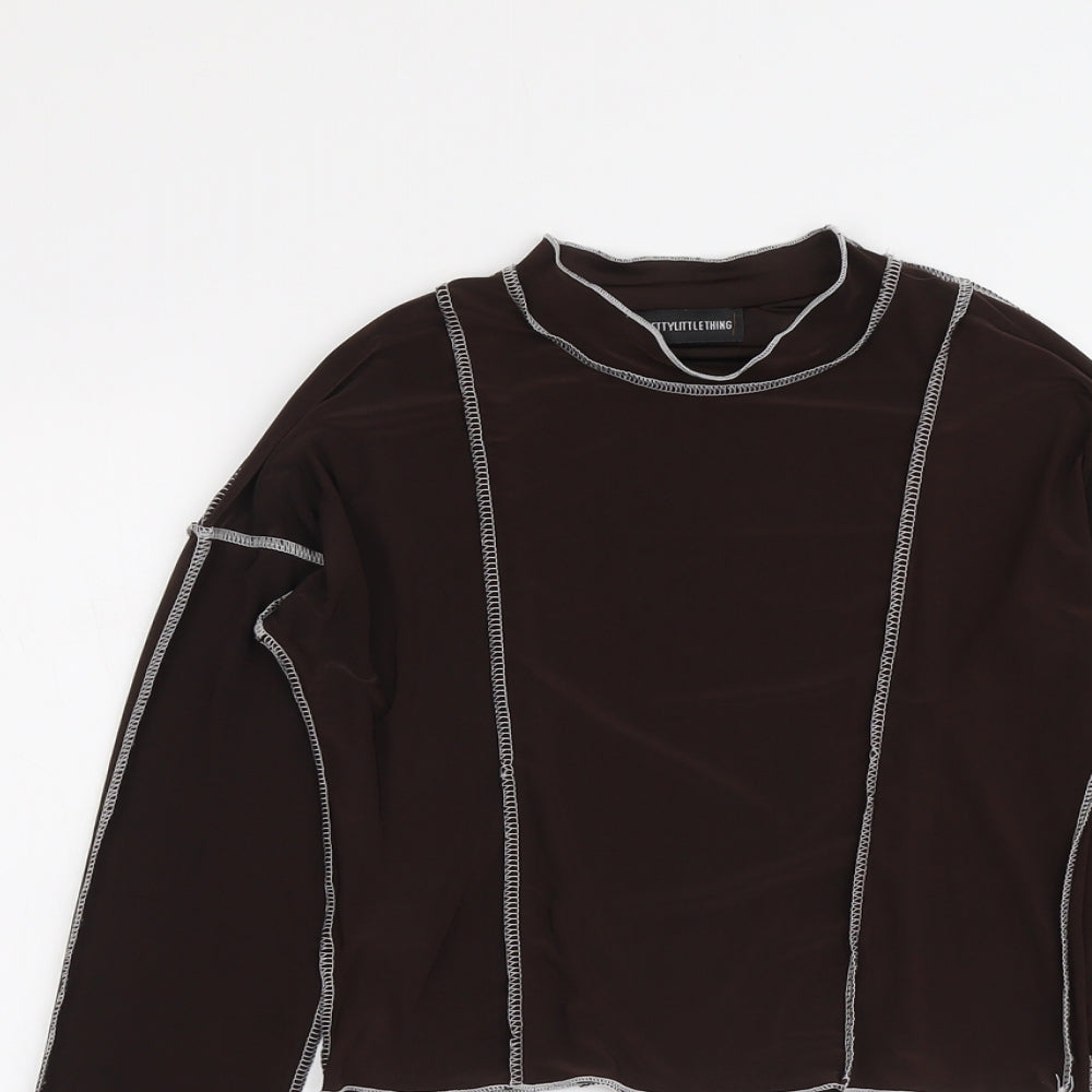 PRETTYLITTLETHING Womens Brown Polyester Basic T-Shirt Size 10 Mock Neck