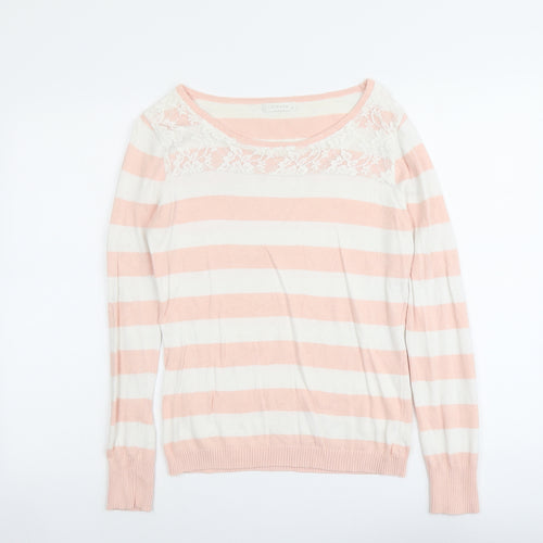 Nicole Womens Pink Round Neck Striped Cotton Pullover Jumper Size M - Lace Detail