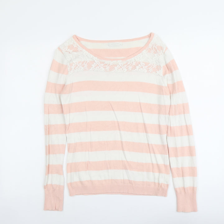Nicole Womens Pink Round Neck Striped Cotton Pullover Jumper Size M - Lace Detail
