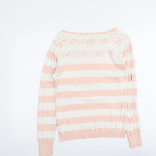 Nicole Womens Pink Round Neck Striped Cotton Pullover Jumper Size M - Lace Detail