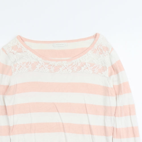 Nicole Womens Pink Round Neck Striped Cotton Pullover Jumper Size M - Lace Detail