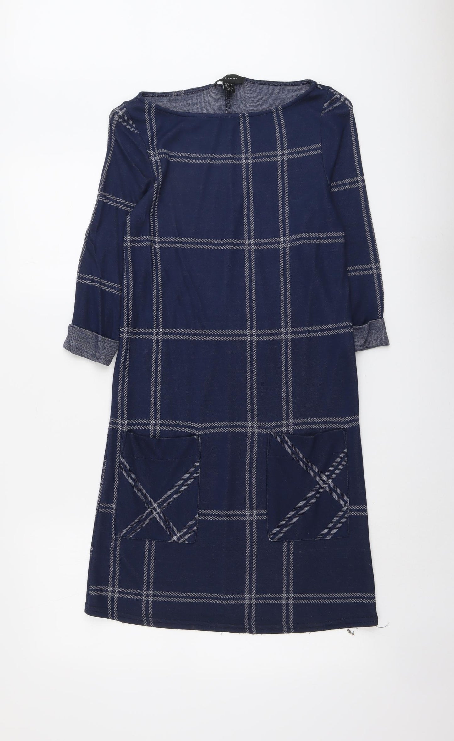 Atmosphere Womens Blue Check Polyester A-Line Size 6 Boat Neck Pullover