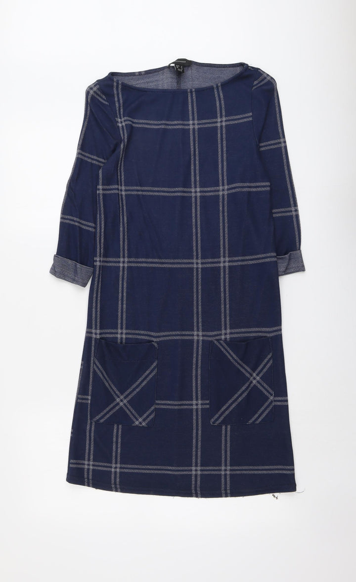 Atmosphere Womens Blue Check Polyester A-Line Size 6 Boat Neck Pullover