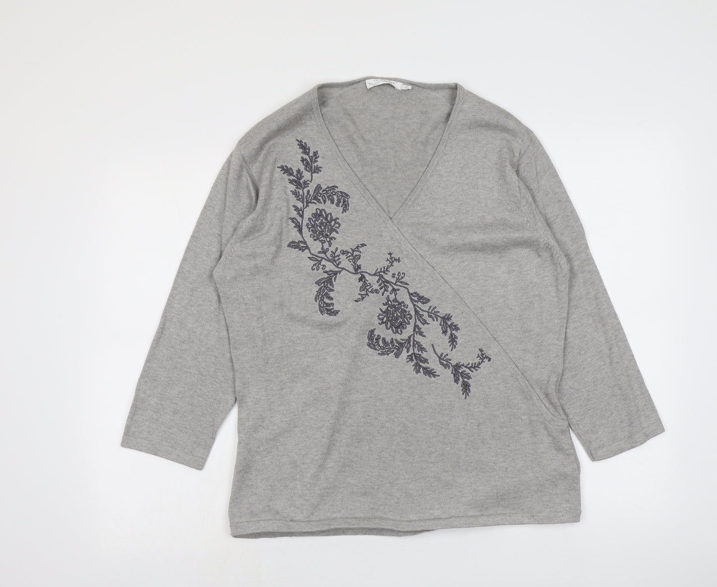 Signature Womens Grey V-Neck Cotton Pullover Jumper Size XL - Floral Detail