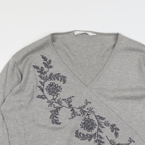 Signature Womens Grey V-Neck Cotton Pullover Jumper Size XL - Floral Detail