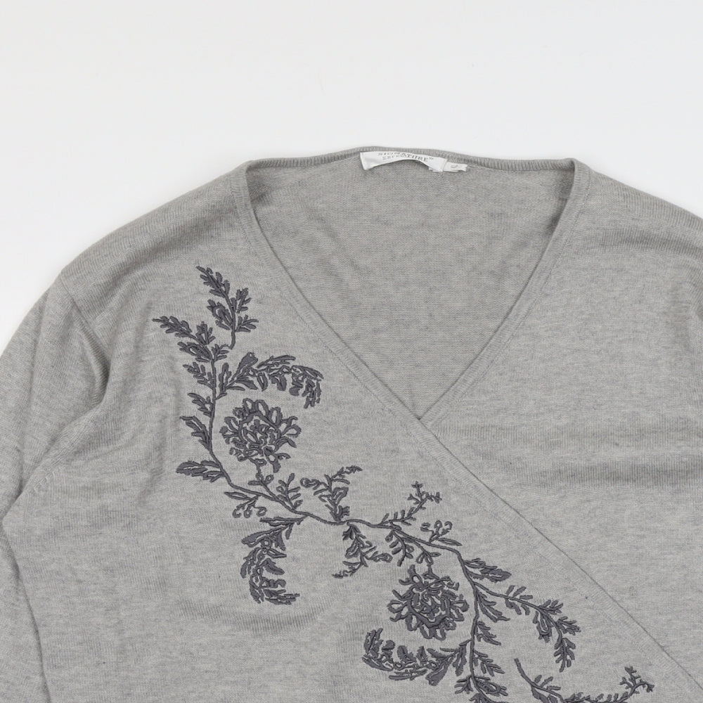 Signature Womens Grey V-Neck Cotton Pullover Jumper Size XL - Floral Detail