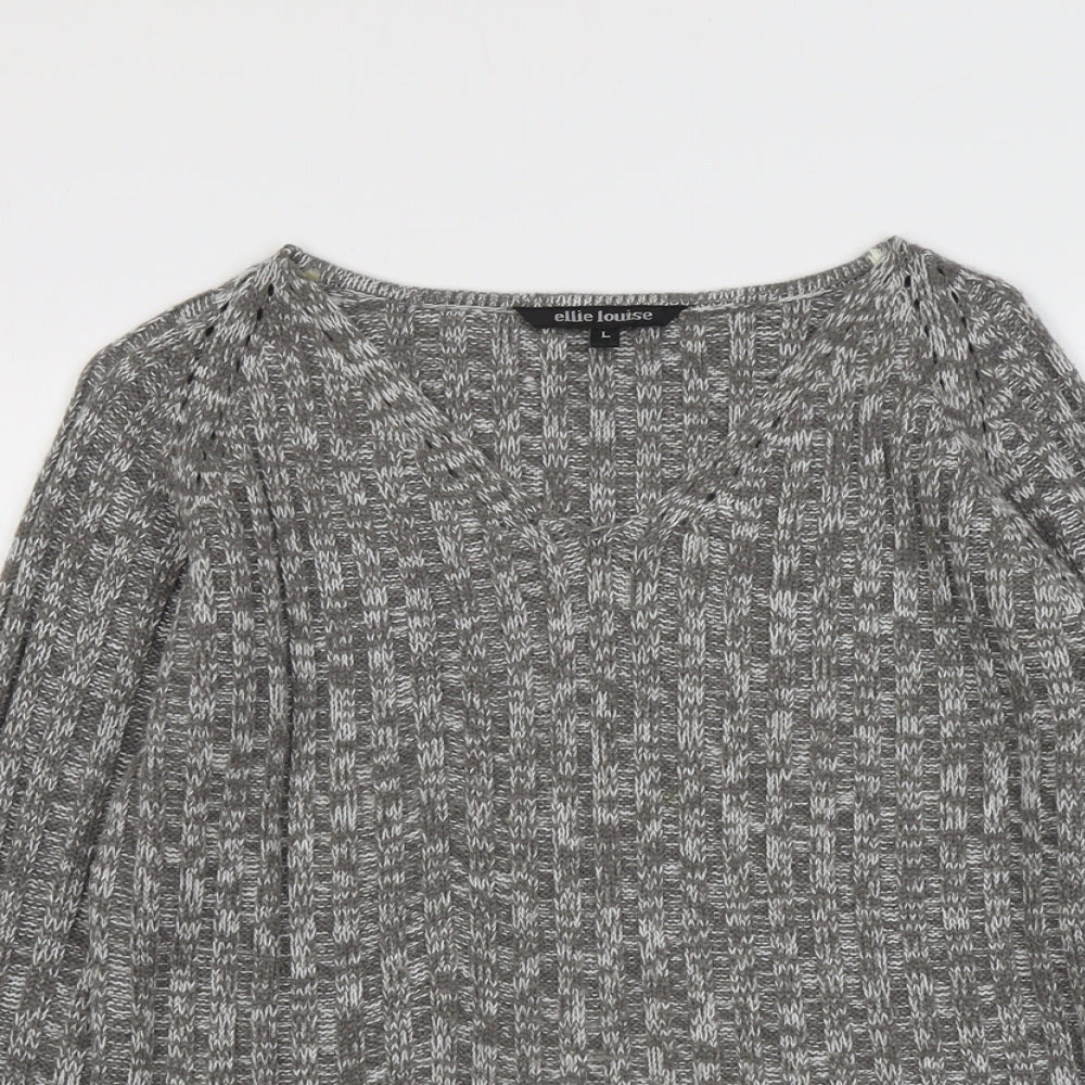 Ellie Louise Womens Grey V-Neck Acrylic Pullover Jumper Size L