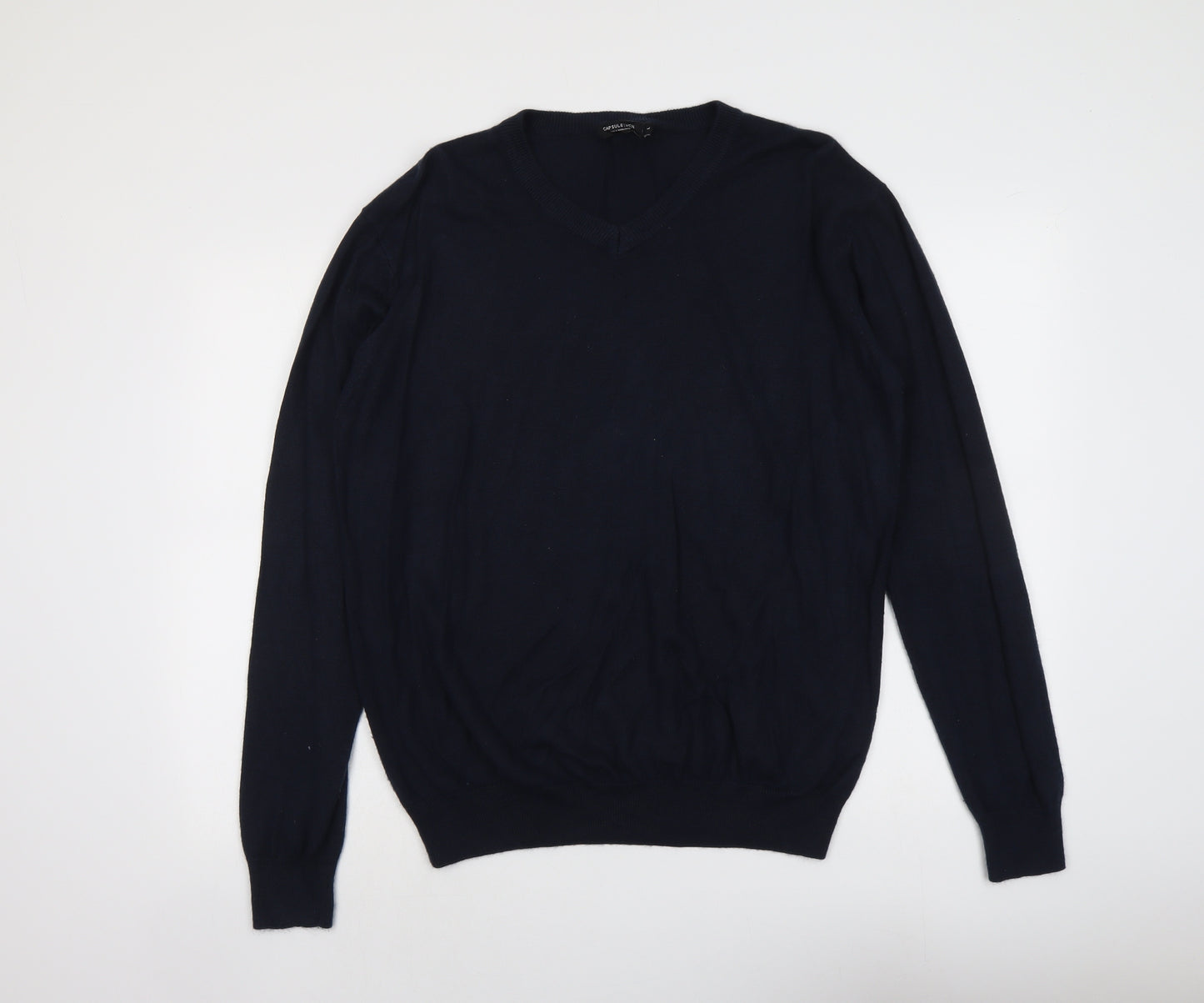 Capsule Mens Blue V-Neck Acrylic Pullover Jumper Size L Long Sleeve