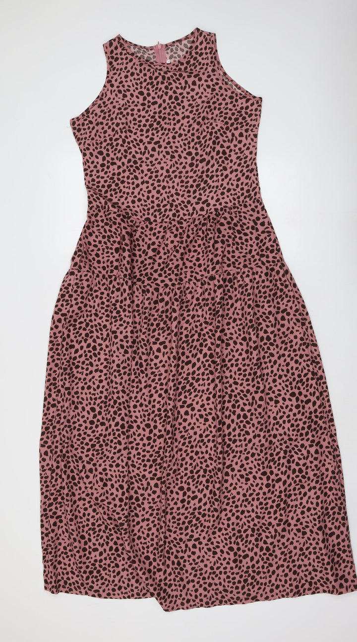 Preworn Womens Pink Animal Print Polyester Trapeze & Swing Size S Round Neck Zip - Leopard Pattern