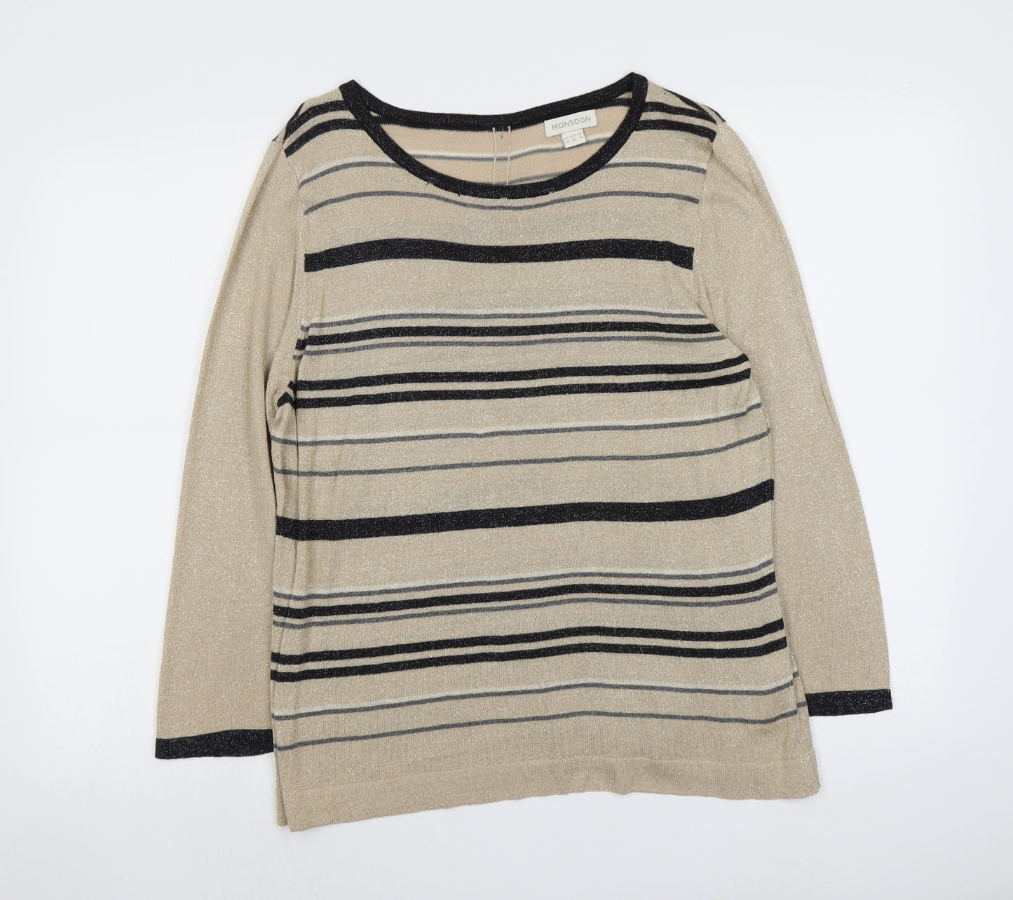 Monsoon Womens Beige Round Neck Striped Viscose Pullover Jumper Size 18