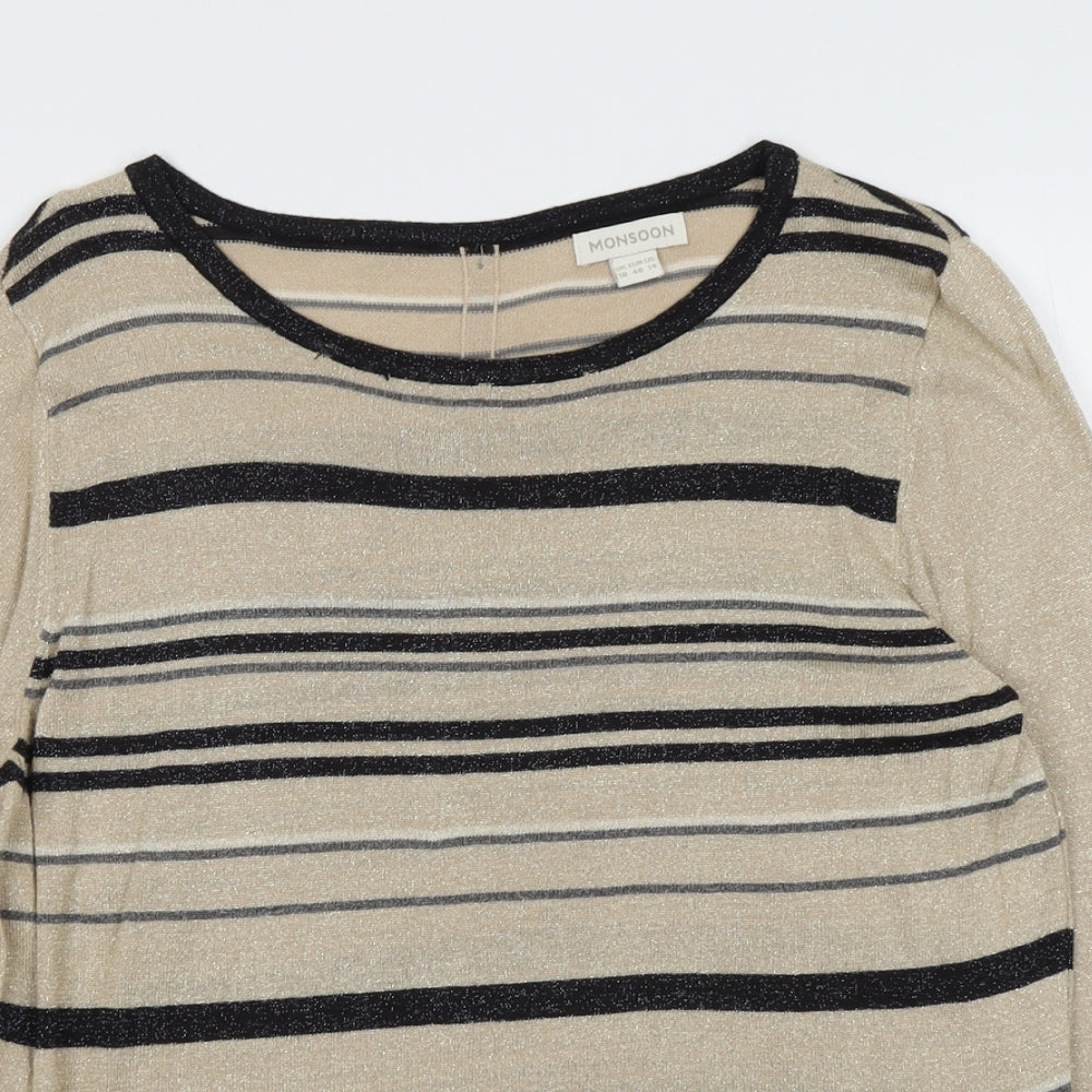 Monsoon Womens Beige Round Neck Striped Viscose Pullover Jumper Size 18