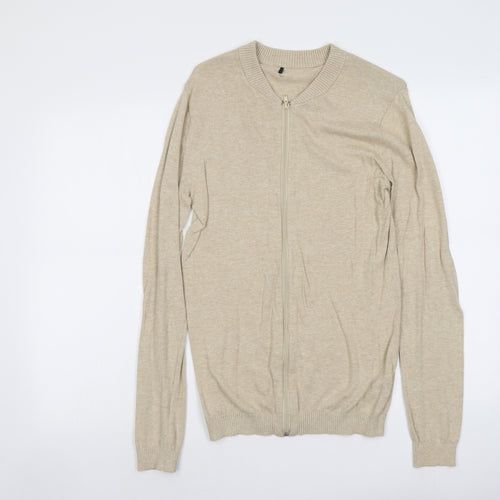 ASOS Mens Beige Round Neck Cotton Full Zip Jumper Size S Long Sleeve