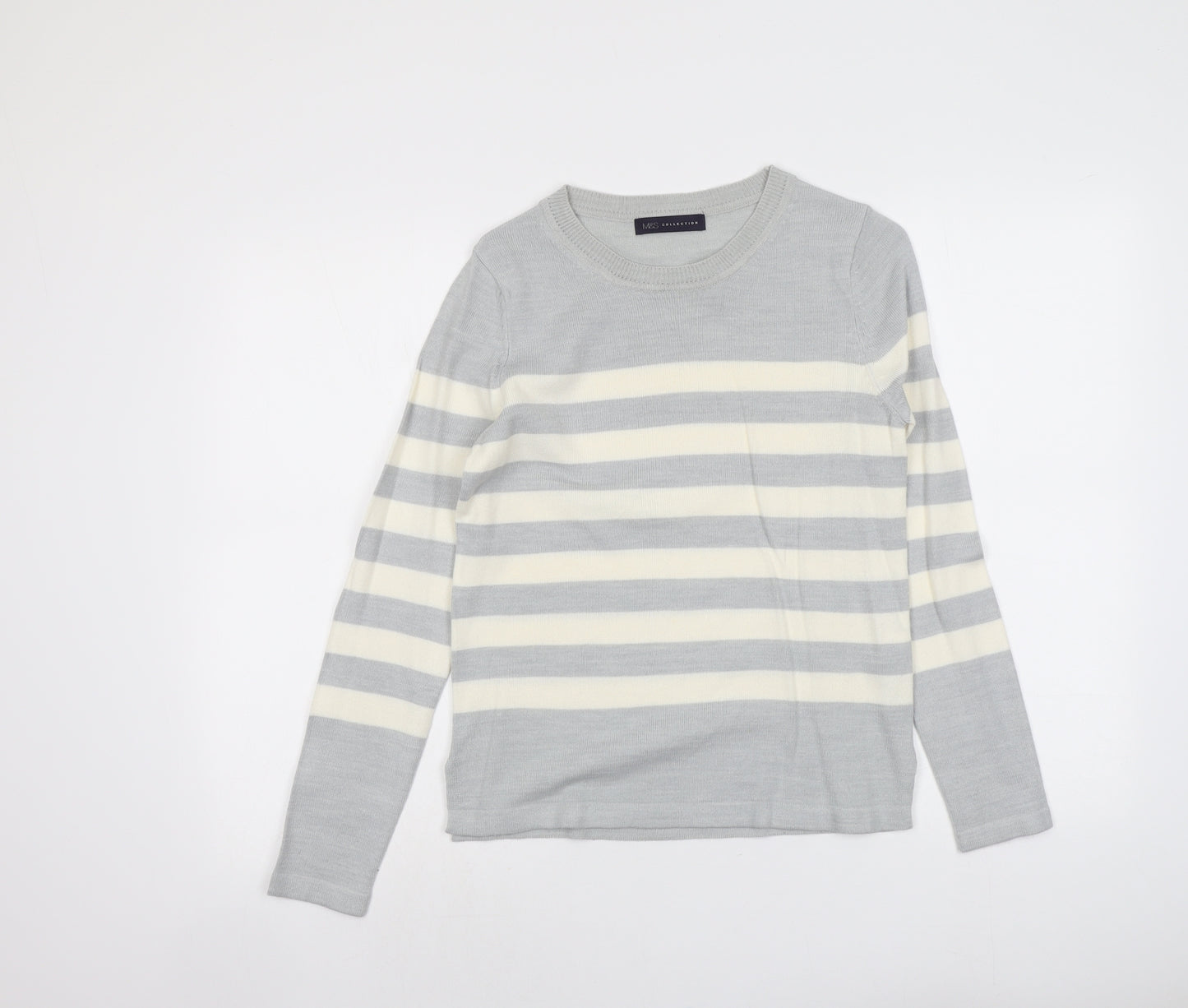 Marks and Spencer Womens Grey Round Neck Striped Acrylic Pullover Jumper Size 8