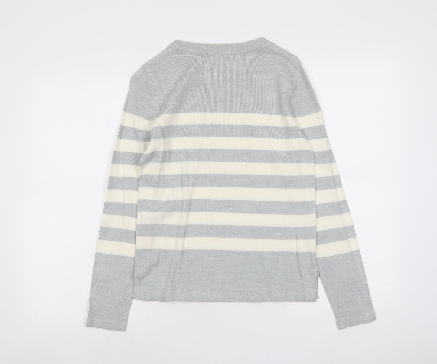 Marks and Spencer Womens Grey Round Neck Striped Acrylic Pullover Jumper Size 8
