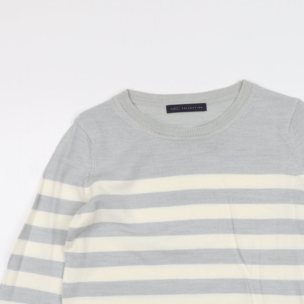 Marks and Spencer Womens Grey Round Neck Striped Acrylic Pullover Jumper Size 8