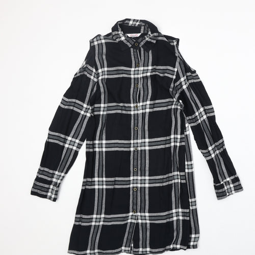 Miss Evie Womens Black Plaid Viscose Basic Button-Up Size 10 Collared