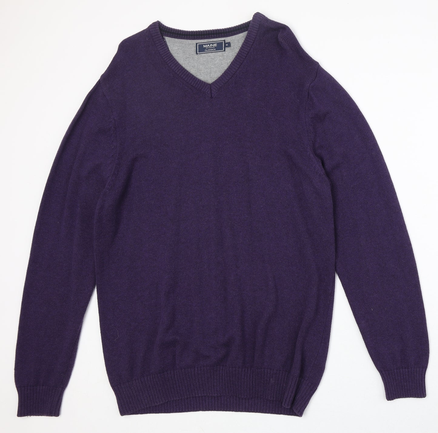 Maine Mens Purple V-Neck Cotton Pullover Jumper Size M Long Sleeve