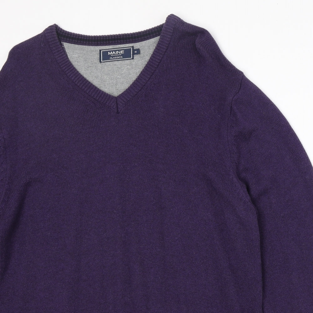Maine Mens Purple V-Neck Cotton Pullover Jumper Size M Long Sleeve