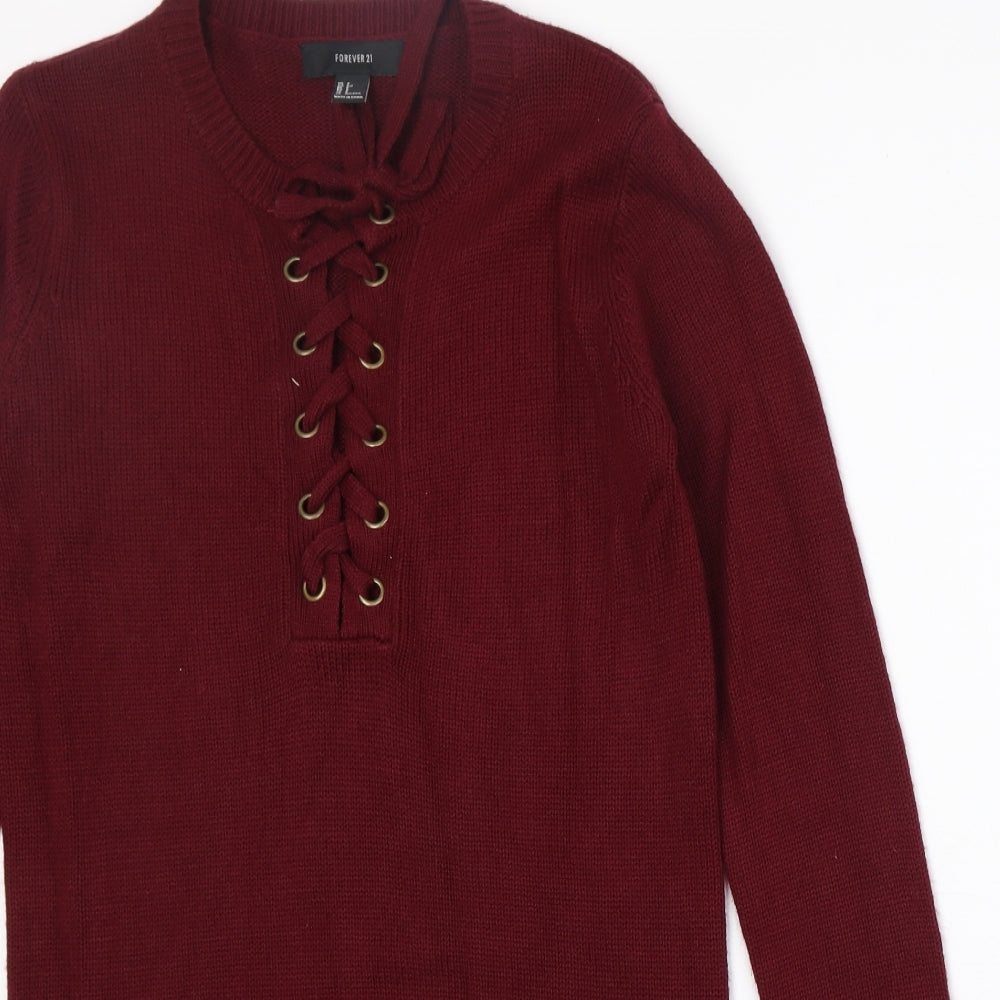 FOREVER 21 Womens Red V-Neck Acrylic Pullover Jumper Size S