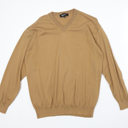 Brian Scott Mens Brown V-Neck Wool Pullover Jumper Size L Long Sleeve