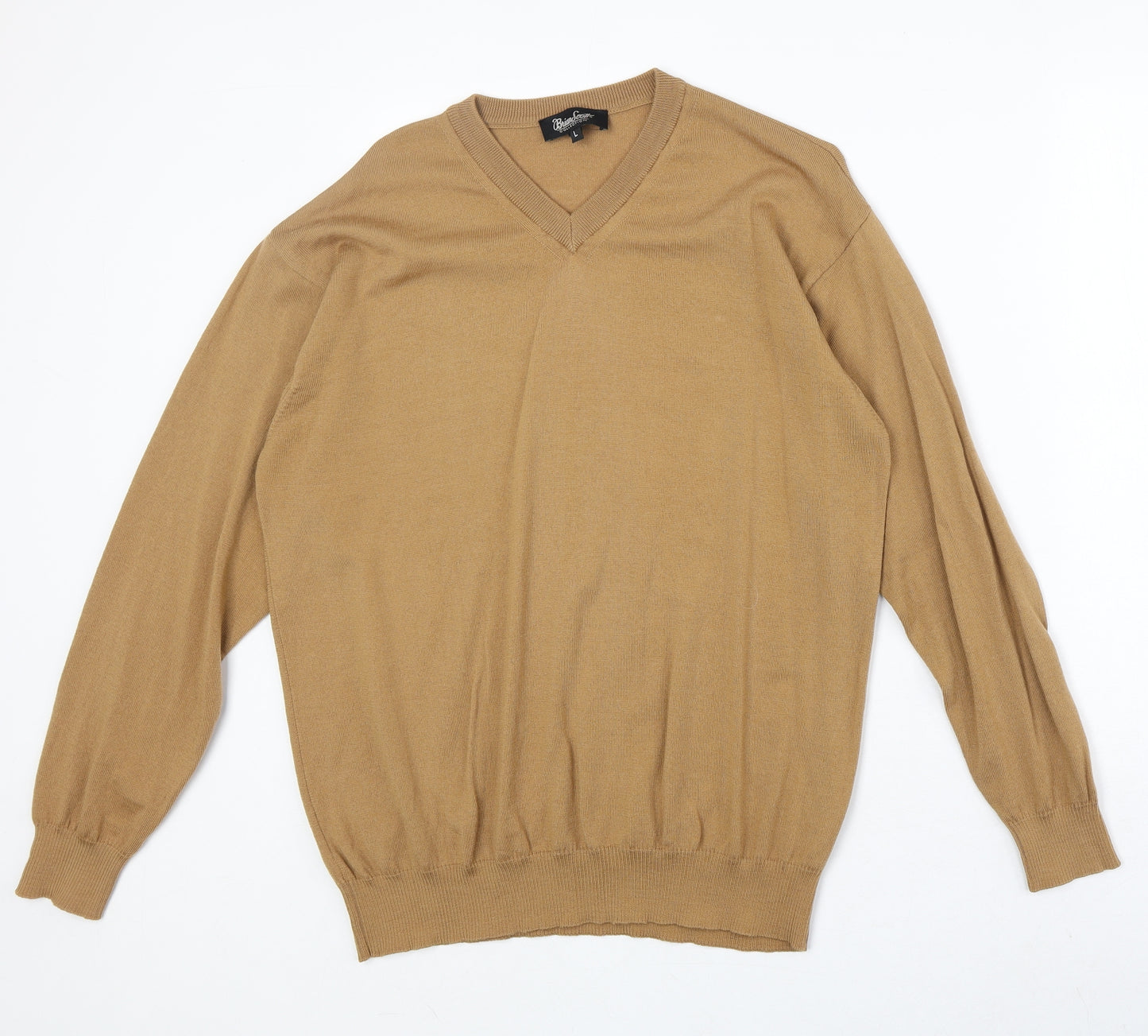 Brian Scott Mens Brown V-Neck Wool Pullover Jumper Size L Long Sleeve